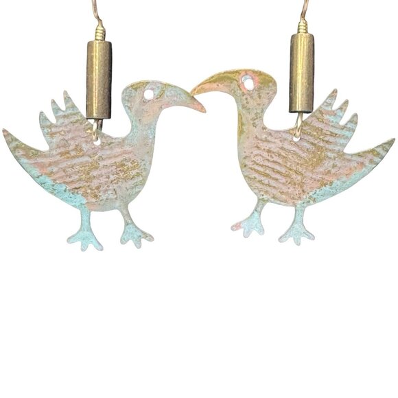 Vintage Brass Patina Dodo Bird Shaped Dangle Earrings Green Boho Y2K Folk Art - Picture 2 of 6